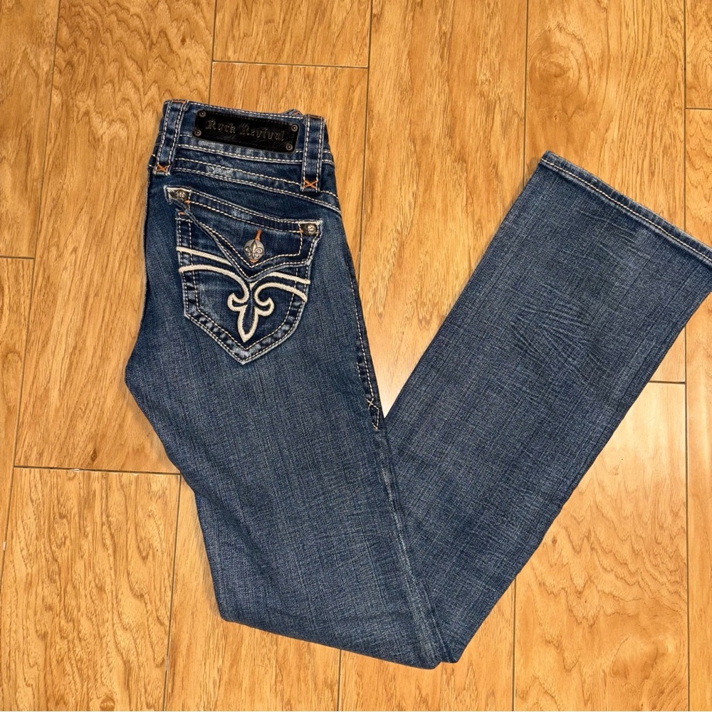 Rock Revival Stephanie Boot Jeans Sz‎ 25 Whiskering Blue Y2K Rocker Cowgirl